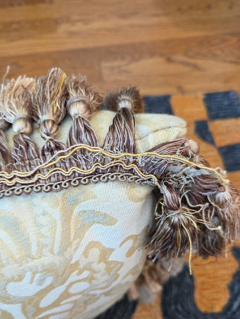 Decorative Cream Damask Accent Pillow with Tassel Trim